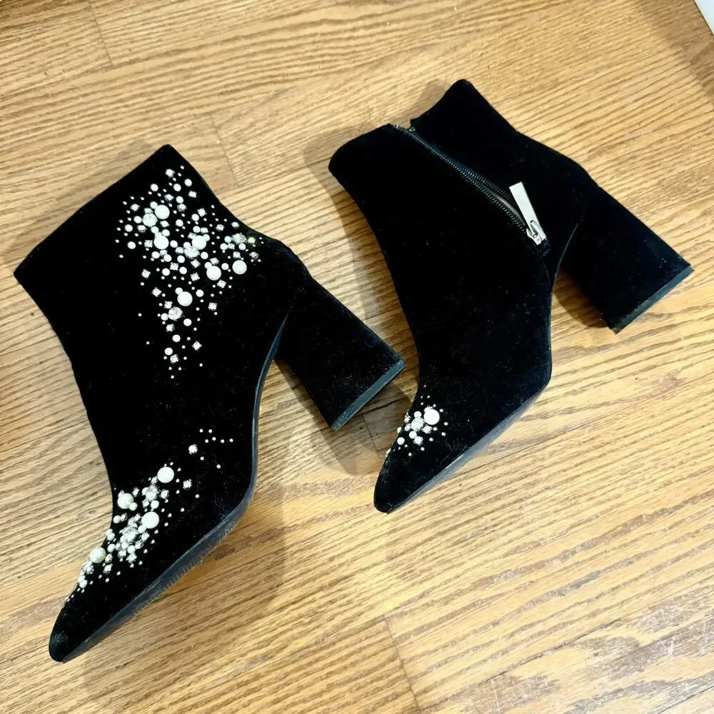 Zara Velvet Embellished Pearl Rhinestone Quiet Luxury Zip Up Ankle Bootie EU 38